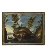 Gaetano Martoriello, Paesaggio lacustre con figure e barca, oil on canvas