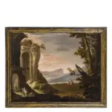 Gaetano Martoriello, Paesaggio con rovina, alberi e figure, oil on canvas