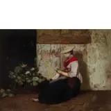 Riccardo Pellegrini, Milano, 1863 - Crescenzago, 1934 / Donna che cuce in giardino / Firmato R Pellegrini in alto a destra