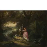 Nicola Palizzi, Vasto, 1820 - Napoli, 1870 / Paesaggio con scena romantica / Firmato N Palizzi, Roma in basso a destra