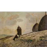 Livorno, 1881 - 1967 / Paesaggio con pagliai e cavallo / Firmato G Romiti '64 in basso a destra by Gino Romiti, oil on cardboard, offered Mar 2020