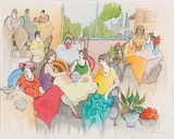 Itzchak Tarkay, Conversation and Relaxation, Mixed Media on Paper