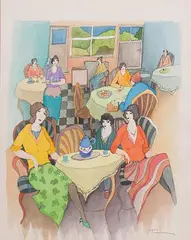 Itzchak Tarkay, Dinner at the Club, Mixed Media on Paper