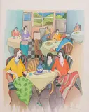 Itzchak Tarkay, Dinner at the Club, Mixed Media on Paper
