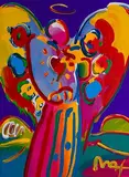 Peter Max, Angel with Heart on Blue, Mixed Media on Paper