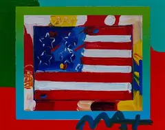Peter Max, Flag with Heart on Blend, Mixed Media on Paper