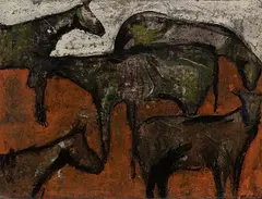Casey McGlynn, 5 Horses on Orange Field, Oil on Canvas