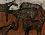 5 Horses on Orange Field by Casey McGlynn, Oil on Canvas, offered Aug 2026