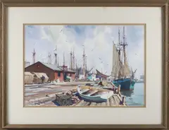 Gordon Grant, Busy New England Dock Scene, Watercolor on Paper
