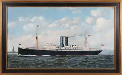 Antonio Jacobsen, Portrait of the Steam-Sailer Merida in New York Harbor, 1906, Oil
