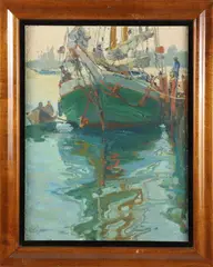 Ruth Haviland Sutton, Green Hulled Fishing Boat Docked in Nantucket, Oil on Artist board