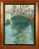 Ruth Haviland Sutton, Green Hulled Fishing Boat Docked in Nantucket, Oil on Artist board