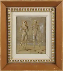 Reginald Marsh, Standing Portrait of Man and Woman, Oil and Pen on Masonite