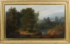 Henry Boese, Hudson River Landscape with Canoeers by Shallow Waterfall, Oil on Canvas