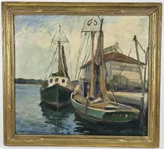 Caroline M. Bell, Antique, Oil on Artists Board Nantucket Impressionist Harbor Dock Scene Painting