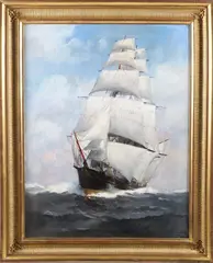 William Frederick Paskell, Bow View of a Fully Rigged Clipper on the Open Seas, Oil on Canvas