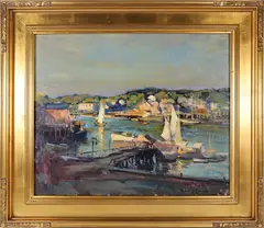 Gloucester Harbor at Sunrise by Robert Charles Gruppe, Oil on Canvas, offered Aug 2025