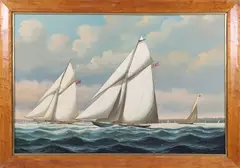America’s Cup, Resolute Defeats Shamrock, Thirteenth Defense by Salvatore Colacicco, circa 1920, Oil on Wood Panel, offered Jul 2025