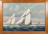 America’s Cup, Resolute Defeats Shamrock, Thirteenth Defense by Salvatore Colacicco, circa 1920, Oil on Wood Panel, offered Jul 2025
