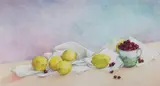 Tabletop Still Life Lemons by Rose Gonnella, circa 1985, Watercolor, offered Apr 2025