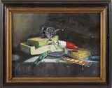 Fishing Tackle Still Life by R. Bonardi, circa 1993, Oil on Canvas, offered Apr 2025