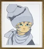 Maggie Meredith, Portrait of a Cat Wearing a Grey Winter Hat, Oil on Canvas