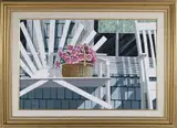 James Cromartie, Nantucket Basket Bouquet on White Bench, Acrylic on Canvas