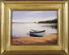 Dory and a Schooner by Arnold Desmarais, Oil on Board, offered Apr 2025