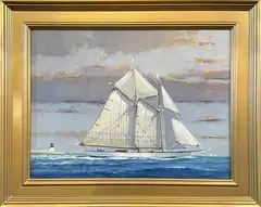 Vintage Schooner Departing Nantucket by William Lowe, Oil on Linen, offered Aug 2025