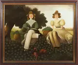 Portrait of Sisters and Their Dachshund by Steve L. Cull, Oil on Canvas, offered Aug 2025