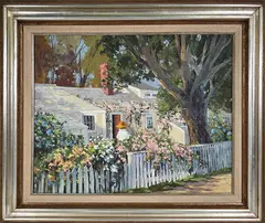 Sconset Rose Covered Cottage by Helen Sharp Potter, Oil on Canvas, offered Aug 2025