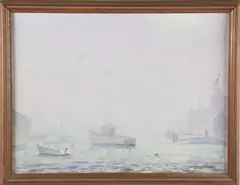 Gerald Taber, Fishing Boat at Anchor on a Foggy Day, Oil On Board
