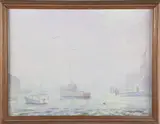 Gerald Taber, Fishing Boat at Anchor on a Foggy Day, Oil On Board