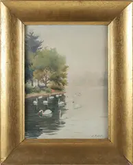 Boston Common Swans by A. Riddell, Watercolor, offered Aug 2025