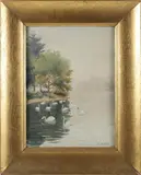 Boston Common Swans by A. Riddell, Watercolor, offered Aug 2025