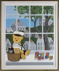 Teddy Bear and Nantucket Blocks by Maggie Meredith, Oil on Canvas, offered Aug 2025