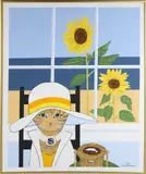 Maggie Meredith, Fancy Cat and Sunflowers, Oil on Canvas