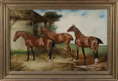 George Paice, Investment, Dublin and Rainee Bee, circa 1894, Oil on Canvas Portrait of Three Horses