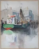Green Hulled Fishing Boat Docked by Doris and Richard Beer, Watercolor on Paper, offered Aug 2025