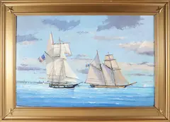 Lynx and Pride Departing Nantucket Harbor by William Lowe, Oil on Canvas, offered Aug 2024
