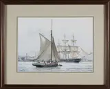 Anchor Hoy and U.S. Sloop Marion Off Boston Navy Yard, 1840s by Victor Mays, Watercolor, offered Aug 2024