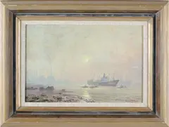 Kenneth Denton, Sunlight and River Mist, Lower Thames, Oil on Fibreboard