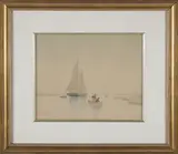 Dory Fishing with Schooner in Middle Distance by Frederic Cozzens, Watercolor on Paper, offered Aug 2024