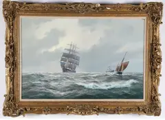 Derek Gardner, Four Masted Ship with Sloop and Steamer on the Open Sea, Oil on Canvas