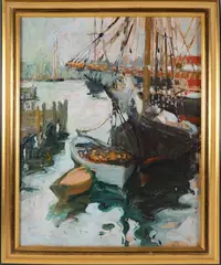 Fishing Boats Docked Gloucester by Attributted to Emile Gruppe, Oil on Linen, offered Aug 2024