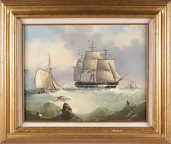 Michael Matthews, American Man O’ War and Other Shipping Off Tall Cliffs, Acrylic on Canvas