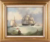 Michael Matthews, American Man O’ War and Other Shipping Off Tall Cliffs, Acrylic on Canvas