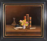 Jean Marie Daneis, Tabletop Floral Still Life and Leather Bound Books, Oil on Canvas