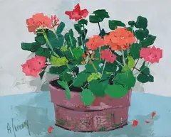 Potted Coral Geraniums by Andrew Shunney, Oil on Canvas, offered Jul 2024