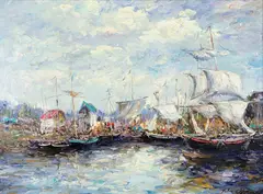 John Clymer, Untitled, Oil on Canvas Impressionist Harbor Scene